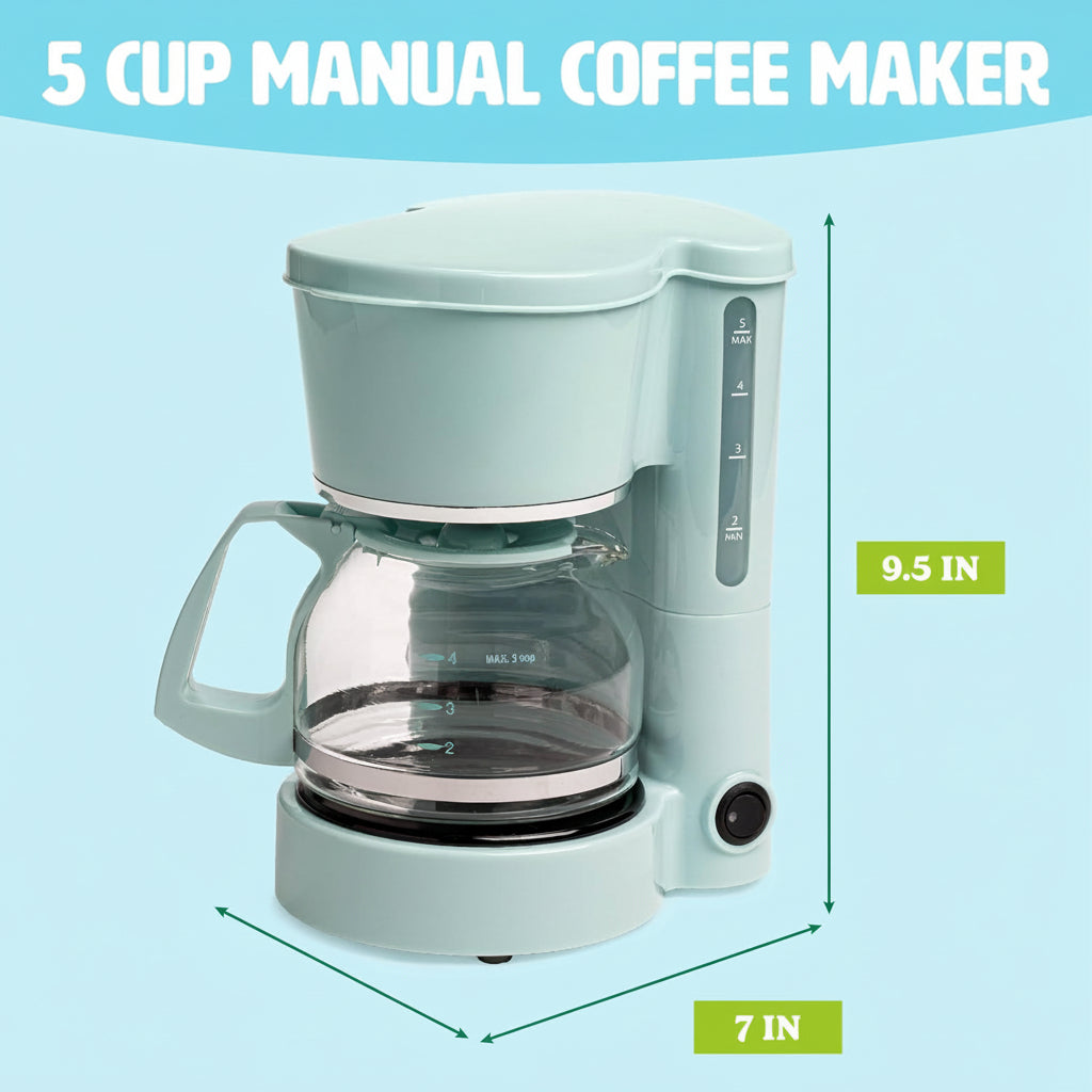 5-Cup Drip Coffee Maker with Reusable Filter & Glass Carafe