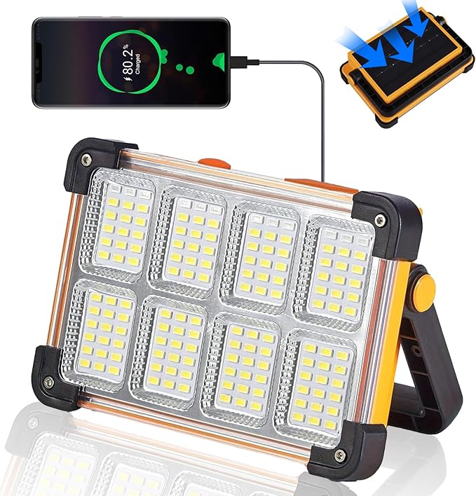 120W Solar Rechargeable Work Light 144 LED 10000LM Portable Flood Light with Stand IP66 Waterproof Job Site Lighting