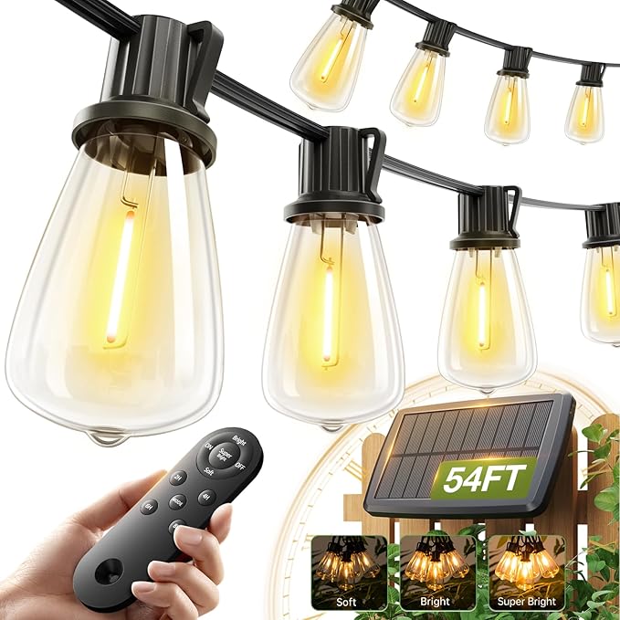 Addlon 54FT Solar String Lights Outdoor Waterproof Patio Lights with Remote USB Port Dimmable LED Backyard Garden Lights