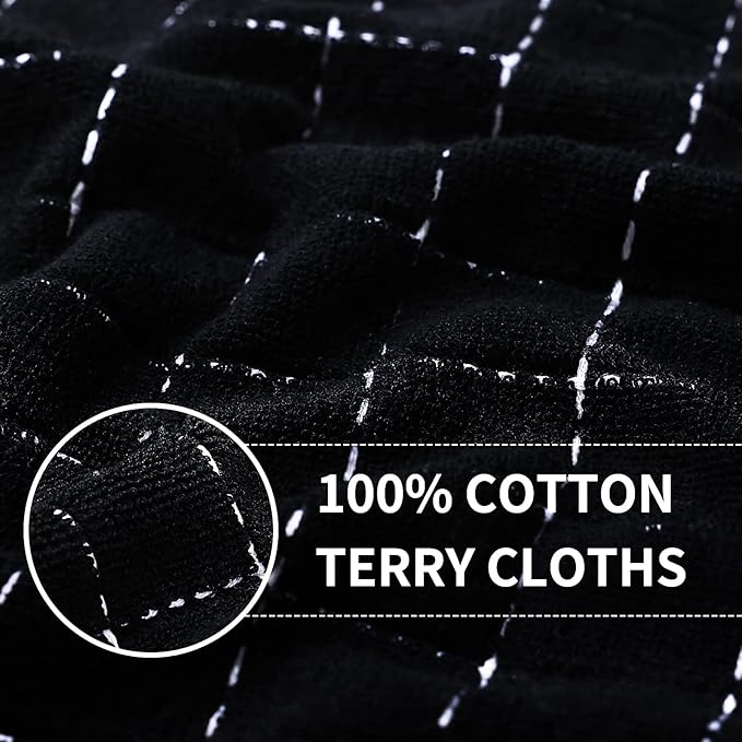 100% Cotton Terry Kitchen Towels 4 Pack – Black Checkered Dish Towels, Soft Super Absorbent Kitchen Hand Towels, 13 x 28 Inches