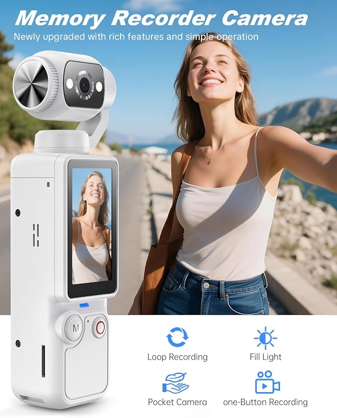 Portable 2.5K Best Vlogging Camera with 180° Rotating Lens, Pocket Body Camera with Audio Video Recording, 7 Hour Battery, Handheld POV Camera with 32GB Card (White)
