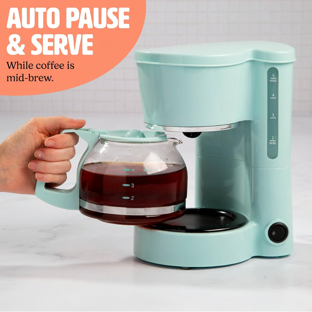 5-Cup Drip Coffee Maker with Reusable Filter & Glass Carafe