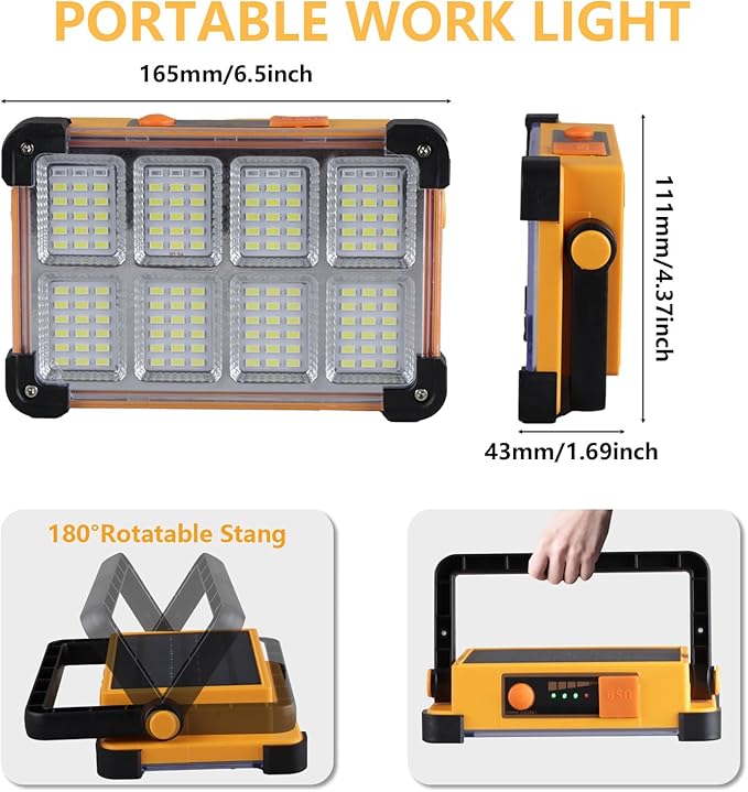 120W Solar Rechargeable Work Light 144 LED 10000LM Portable Flood Light with Stand IP66 Waterproof Job Site Lighting