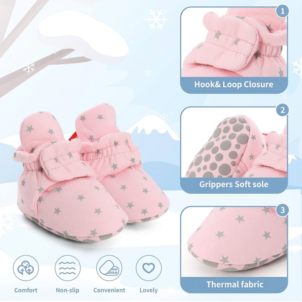 Baby Booties – Pink Star Print Newborn Booties, Soft Infant Booties with Adjustable Strap & Textured Grip Soles