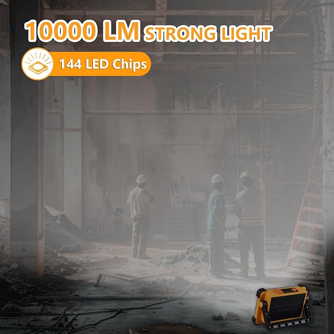 120W Solar Rechargeable Work Light 144 LED 10000LM Portable Flood Light with Stand IP66 Waterproof Job Site Lighting