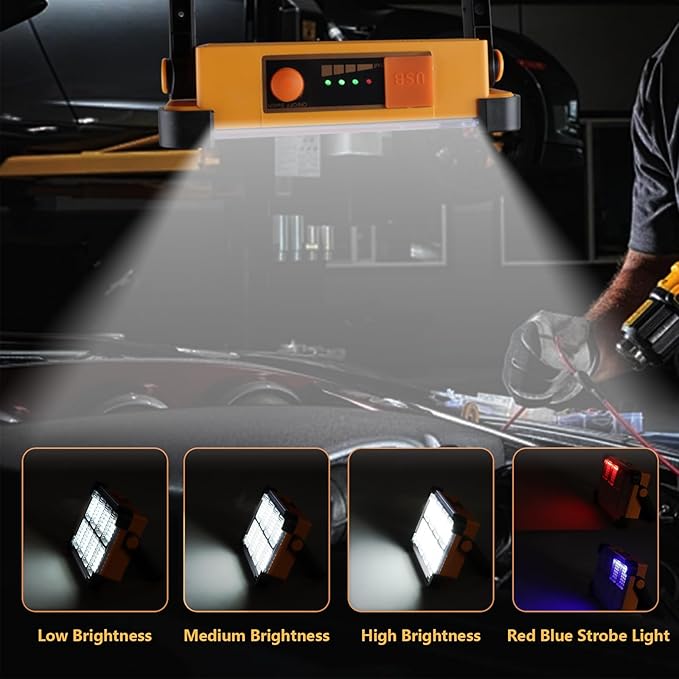 120W Solar Rechargeable Work Light 144 LED 10000LM Portable Flood Light with Stand IP66 Waterproof Job Site Lighting
