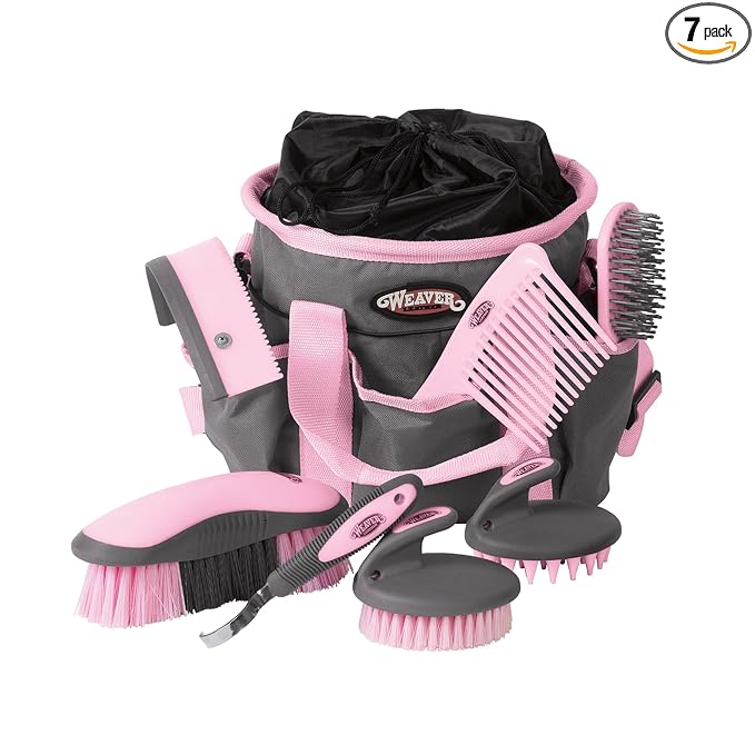 7-piece horse grooming kit with brushes, curry comb, hoof pick, and organizer bag