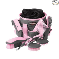 7-piece horse grooming kit with brushes, curry comb, hoof pick, and organizer bag