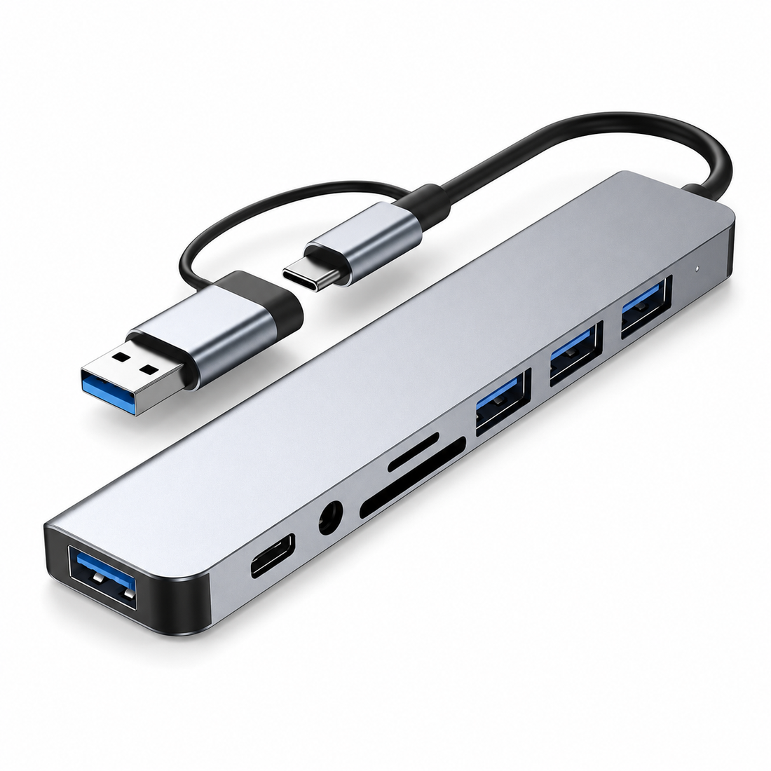 8-in-1 multiport USB-C hub with USB ports and card reader on white background
