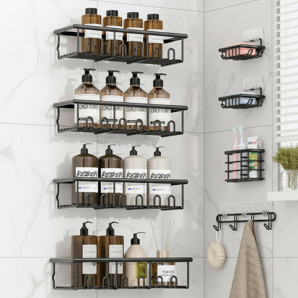 8-piece black adhesive shower caddy and bathroom organizer set