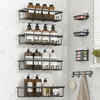 8-piece black adhesive shower caddy and bathroom organizer set