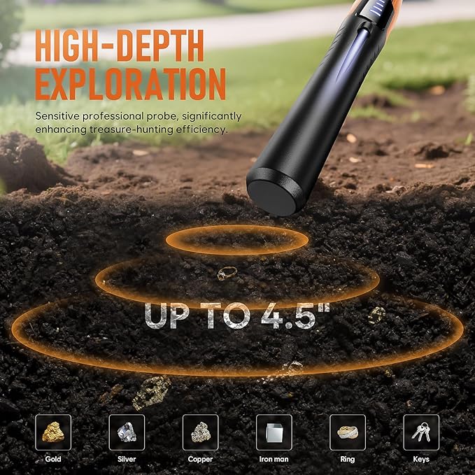 Handheld Metal Detector Pinpointer Waterproof with LCD Display, Probe Wand 4 Modes for Gold Coin Detection Adults Kids
