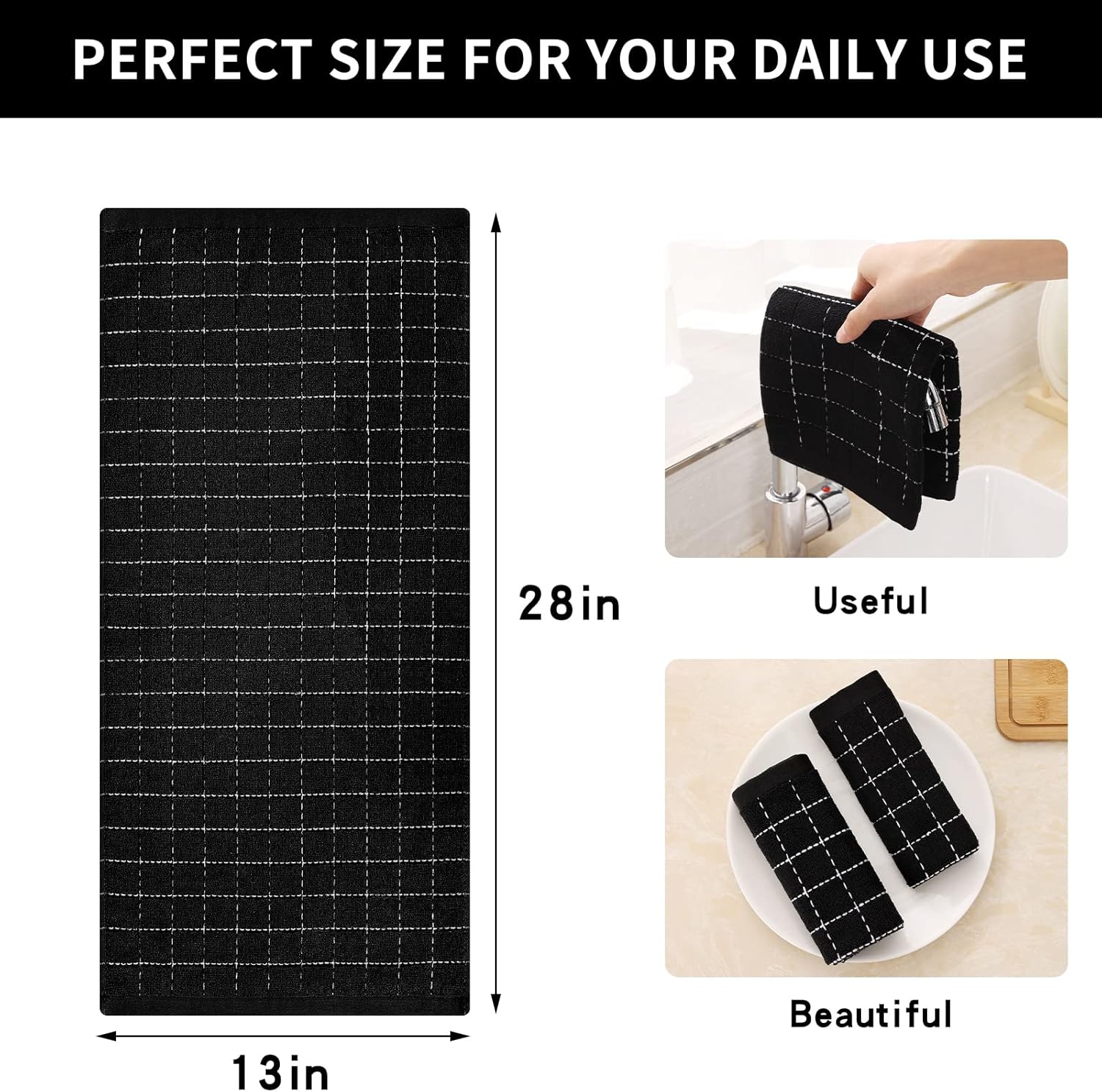 100% Cotton Terry Kitchen Towels 4 Pack – Black Checkered Dish Towels, Soft Super Absorbent Kitchen Hand Towels, 13 x 28 Inches