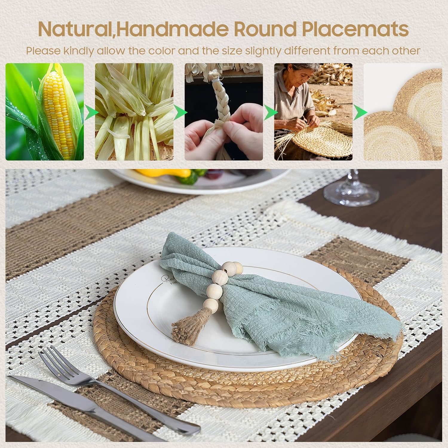 Handmade Placemats Set of 6 – Natural Cotton Burlap & Water Straw Woven Table Mats, Farmhouse Macrame Dining Placemats for Kitchen & Dining Table