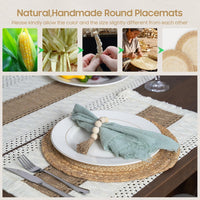 Handmade Placemats Set of 6 – Natural Cotton Burlap & Water Straw Woven Table Mats, Farmhouse Macrame Dining Placemats for Kitchen & Dining Table