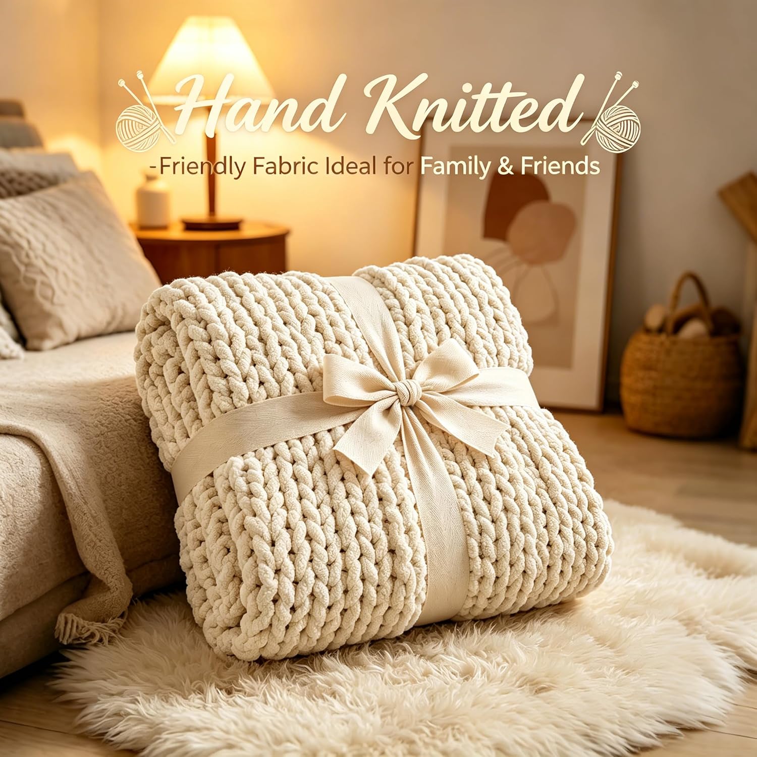 Chunky Knit Blanket Throw 51" x 63" | 100% Hand Knit Chenille Throw Blanket for Sofa, Couch & Home Décor
