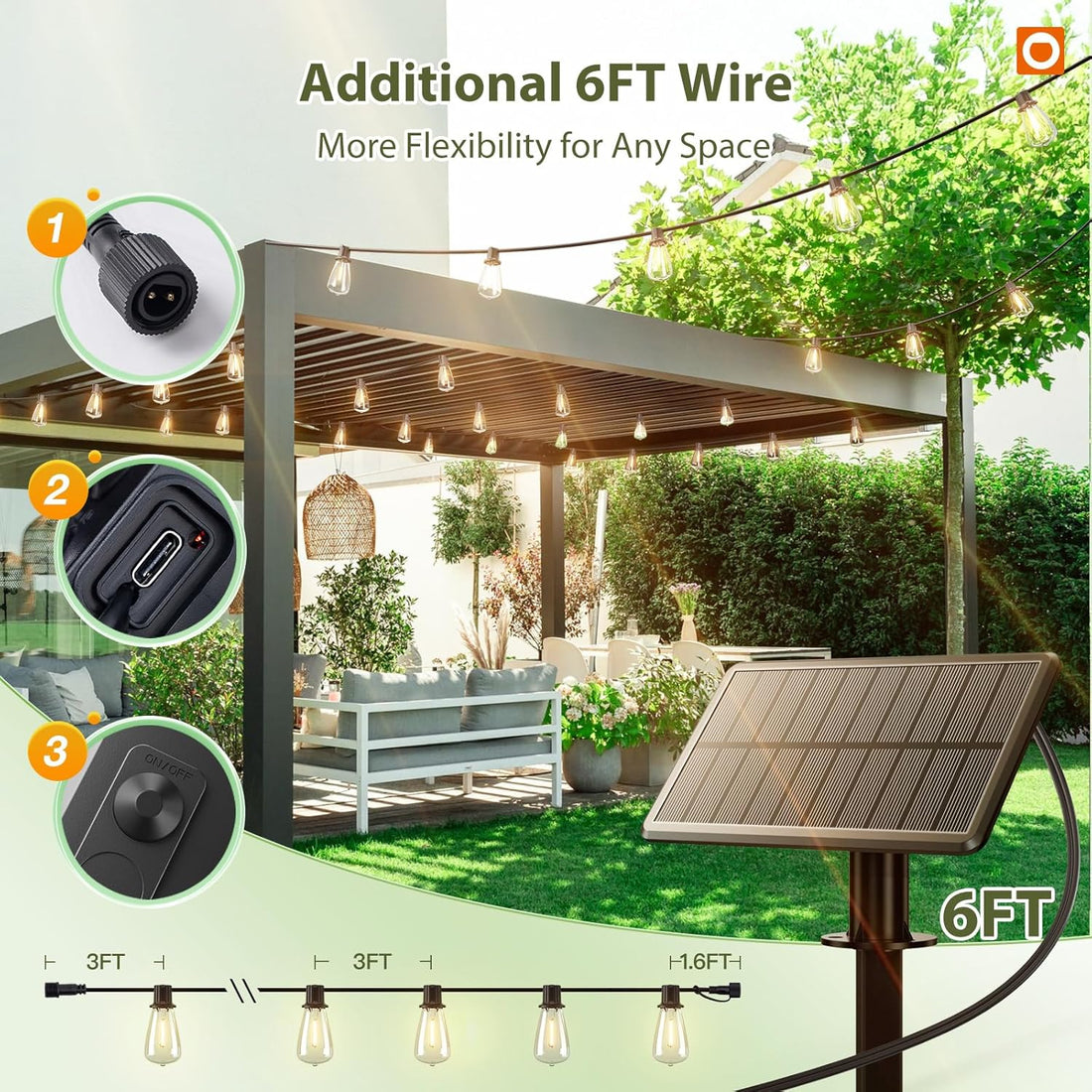Addlon 54FT Solar String Lights Outdoor Waterproof Patio Lights with Remote USB Port Dimmable LED Backyard Garden Lights