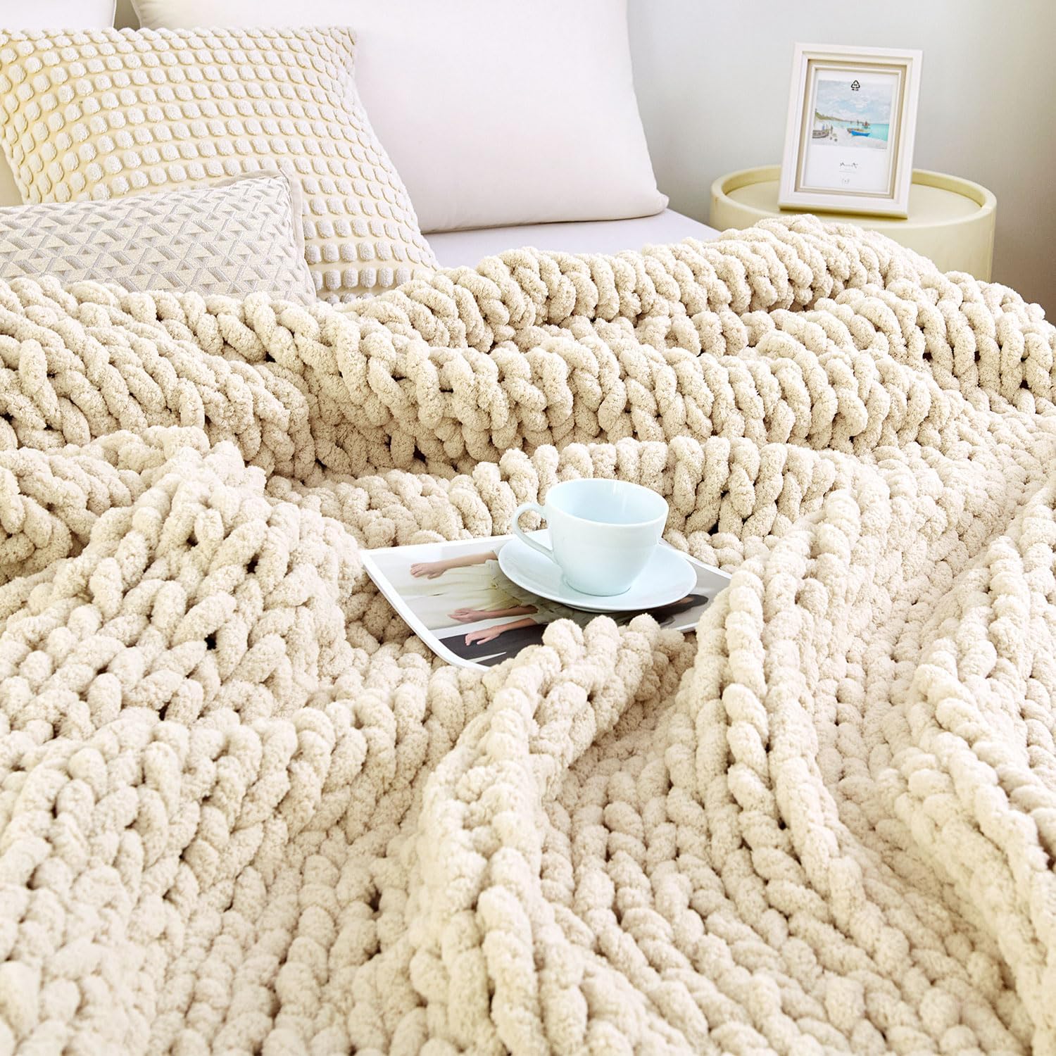 Chunky Knit Blanket Throw 51" x 63" | 100% Hand Knit Chenille Throw Blanket for Sofa, Couch & Home Décor
