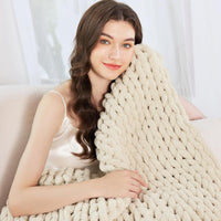 Chunky Knit Blanket Throw 51" x 63" | 100% Hand Knit Chenille Throw Blanket for Sofa, Couch & Home Décor