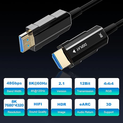8K@60Hz, 4K@120Hz Fiber Optic HDMI Cable for Gaming, Streaming, and Home Entertainment