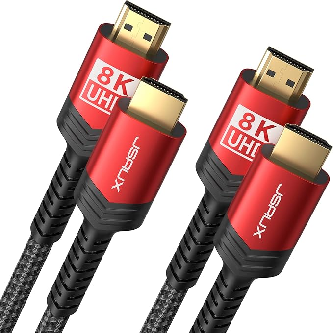 8K HDMI Cable 2.1 6ft red braided cord supporting 48Gbps data transfer.