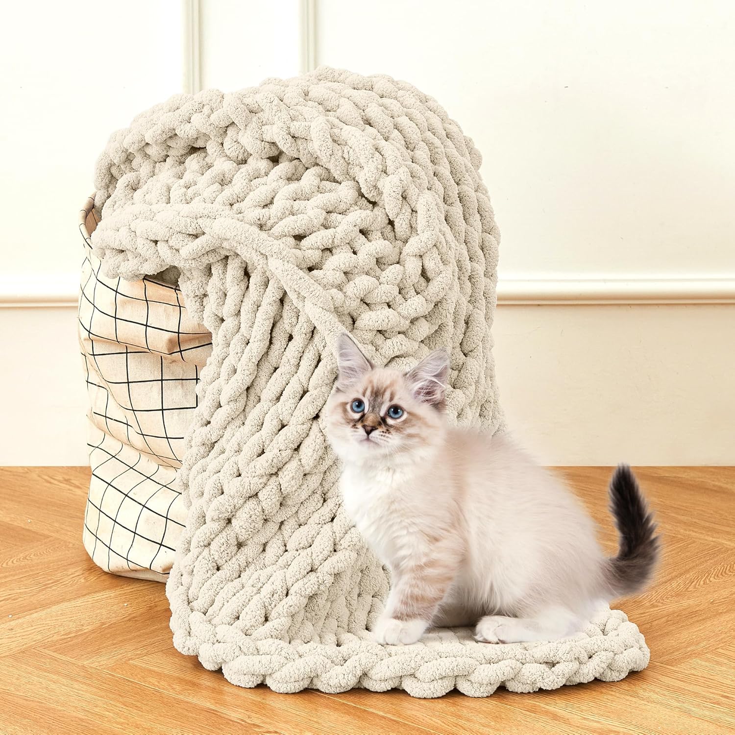 Chunky Knit Blanket Throw 51" x 63" | 100% Hand Knit Chenille Throw Blanket for Sofa, Couch & Home Décor