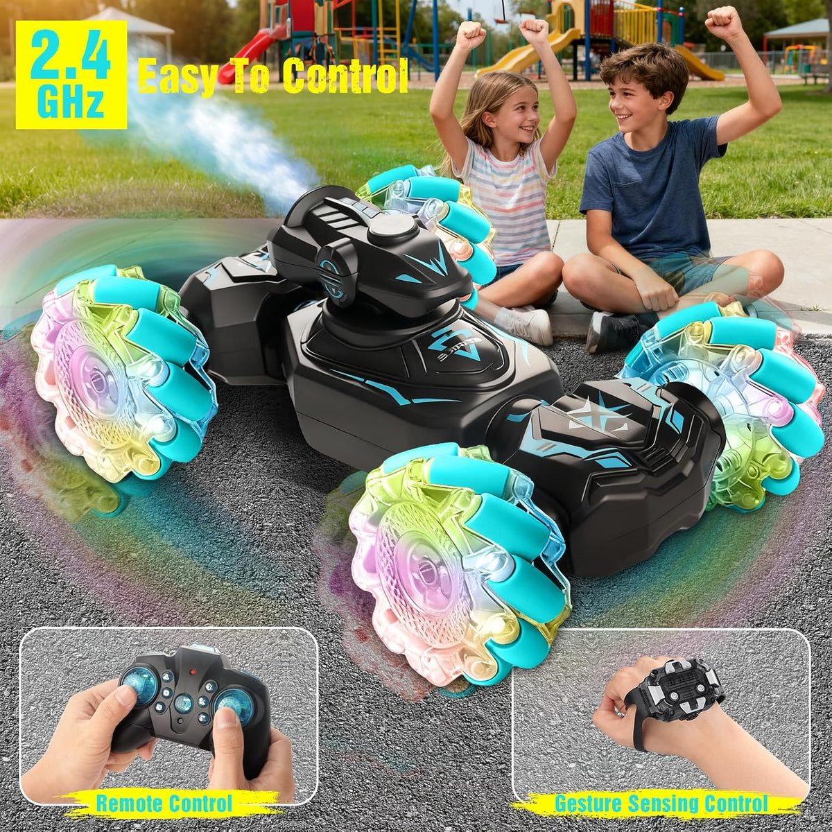 RC Car for Boys 6–12 – Gesture Sensing Remote Control Car, RC Cars Toys for Boys, 4WD Stunt Car, Hand Controlled Twist & Transform Car, 360° Spin Toy Car with Mist, Light & Music