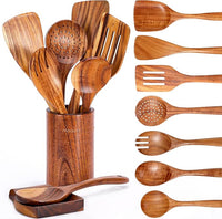 Natural Wood Cooking Utensils with Holder