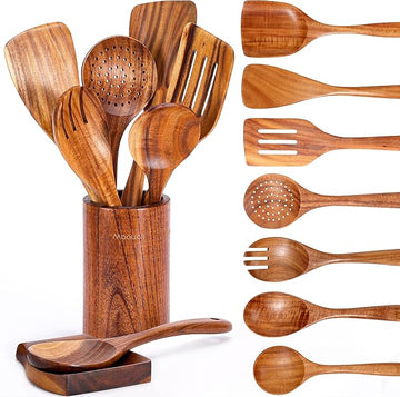 Natural Wood Cooking Utensils with Holder