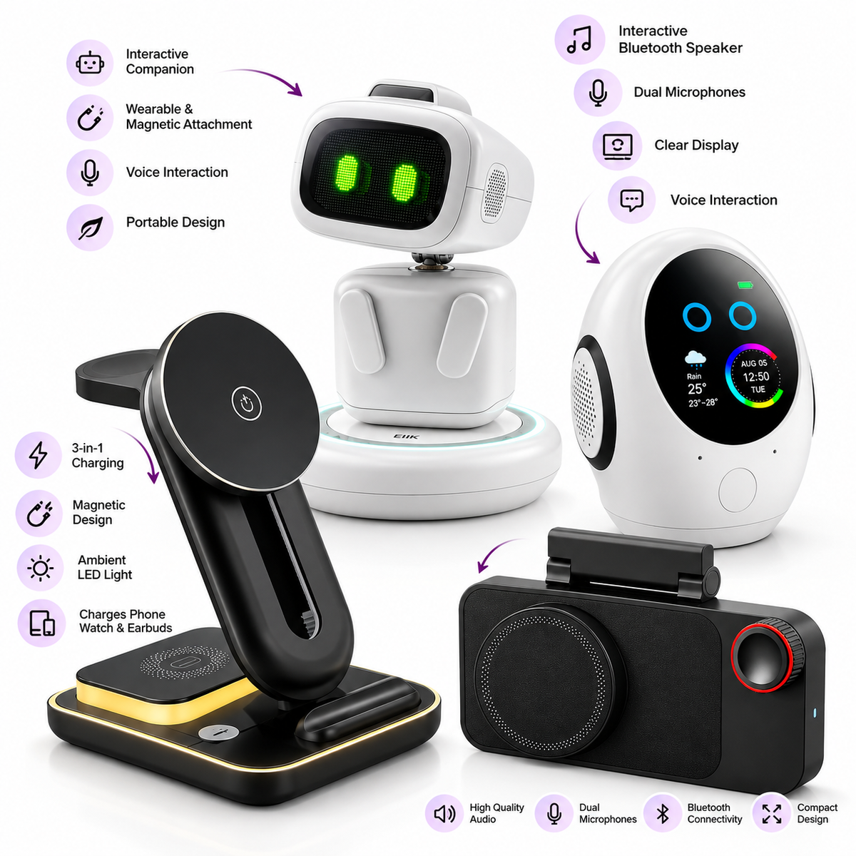 Wearable AI companion with smart speaker and desktop charging accessories