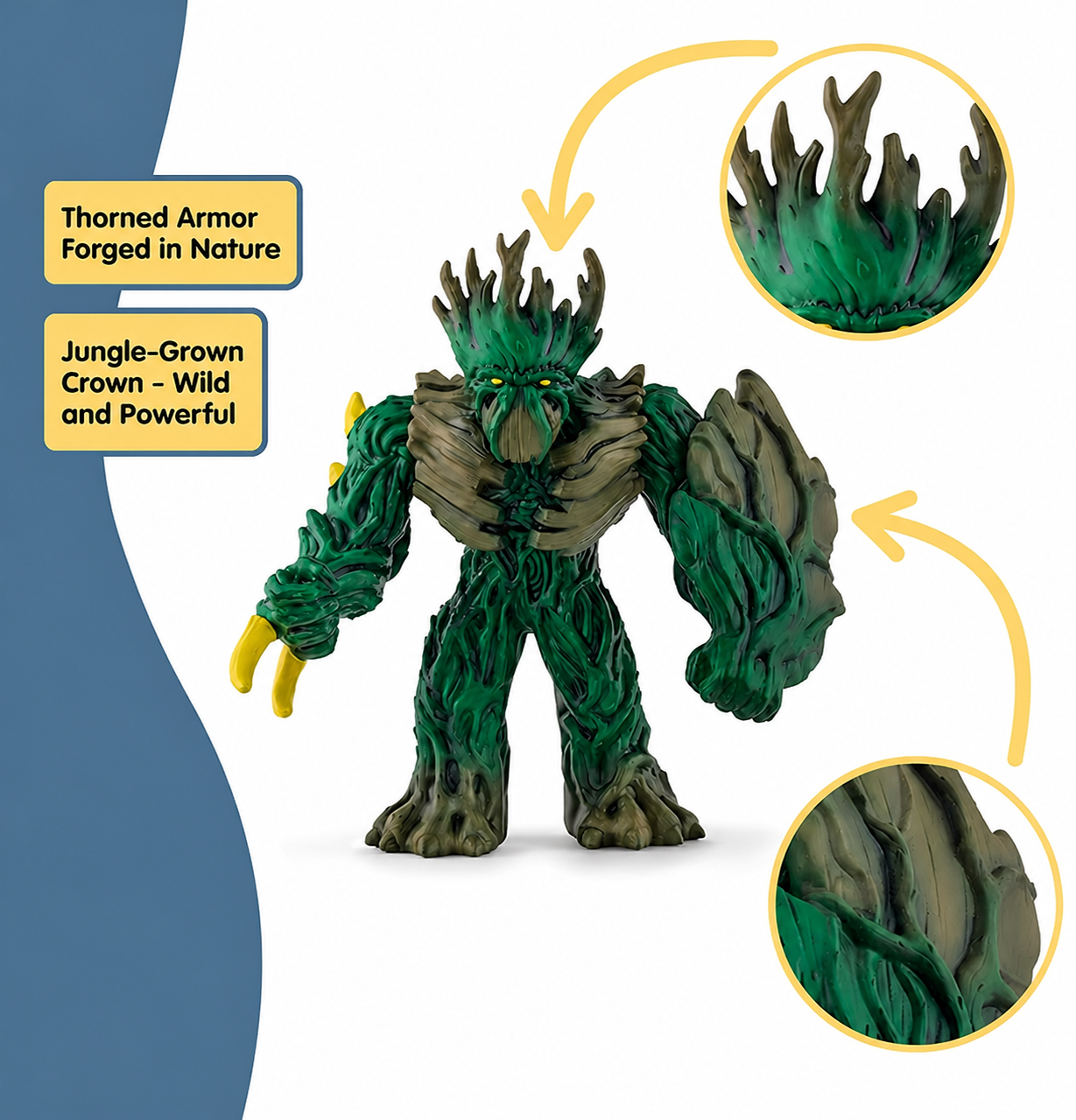A green and brown tree-like monster action figure with yellow claws, shown on a white background with two circular detail insets and text callouts describing its features.