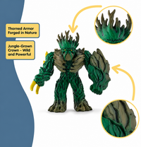 A green and brown tree-like monster action figure with yellow claws, shown on a white background with two circular detail insets and text callouts describing its features.