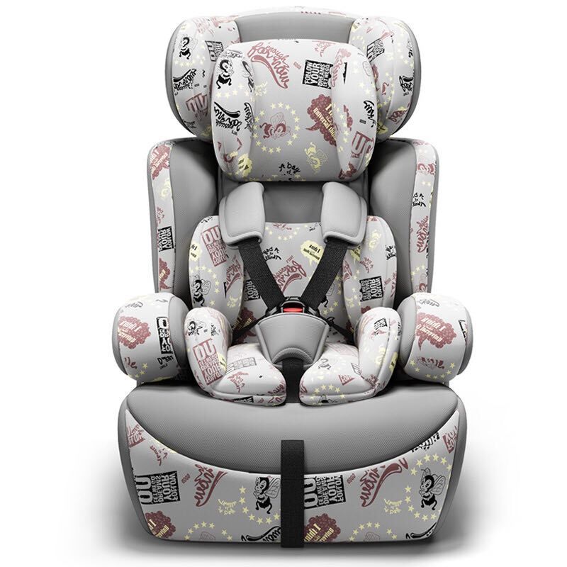Adjustable baby car seat with padded headrest and harness
