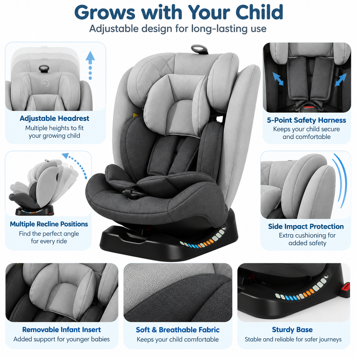 Child car seat with adjustable headrest and padded side support
