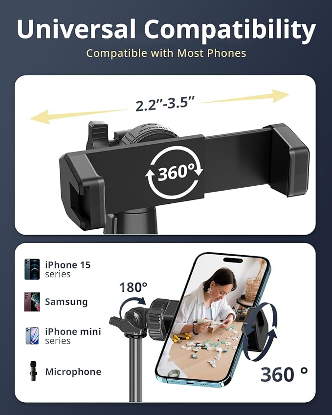 Adjustable Phone Holder for iPhone & Android Smartphones with LED Ring Light Setup