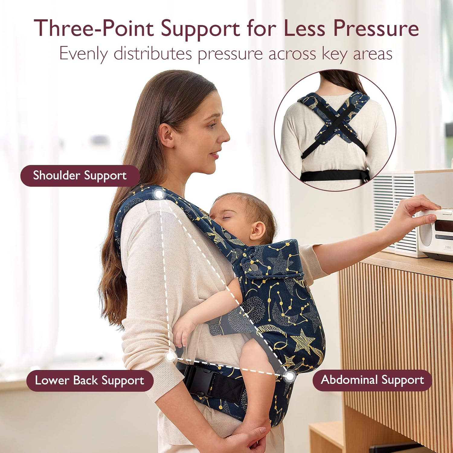 Adjustable baby carrier with shoulder and waist straps for secure fit