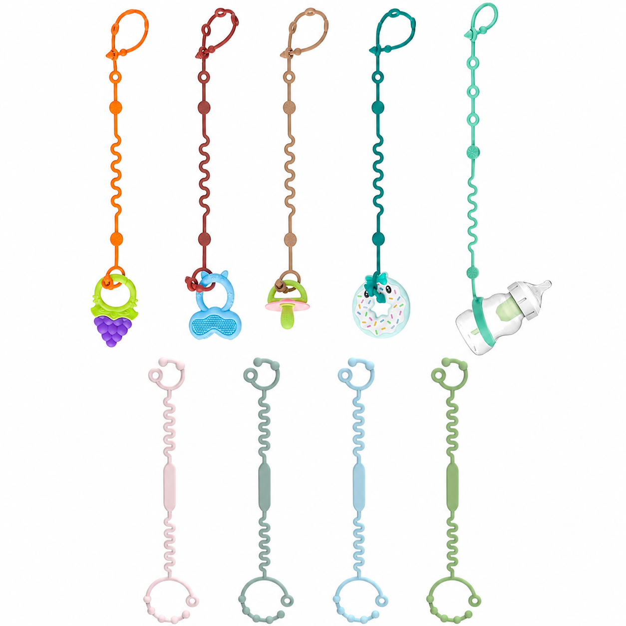 Adjustable baby toy straps and pacifier holder clips in assorted colors for everyday baby accessories.