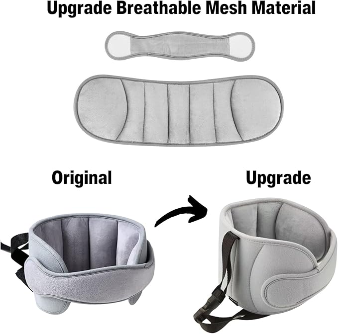 Adjustable head support for car seat and stroller, ensures head stability during travel.