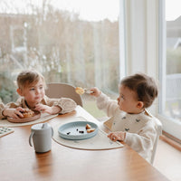 Adjustable silicone bib with food-catching pocket for babies and toddlers.