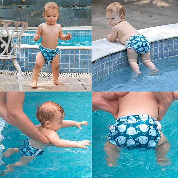 Adjustable swim diapers for babies and toddlers, designed to grow with your child and prevent leaks.