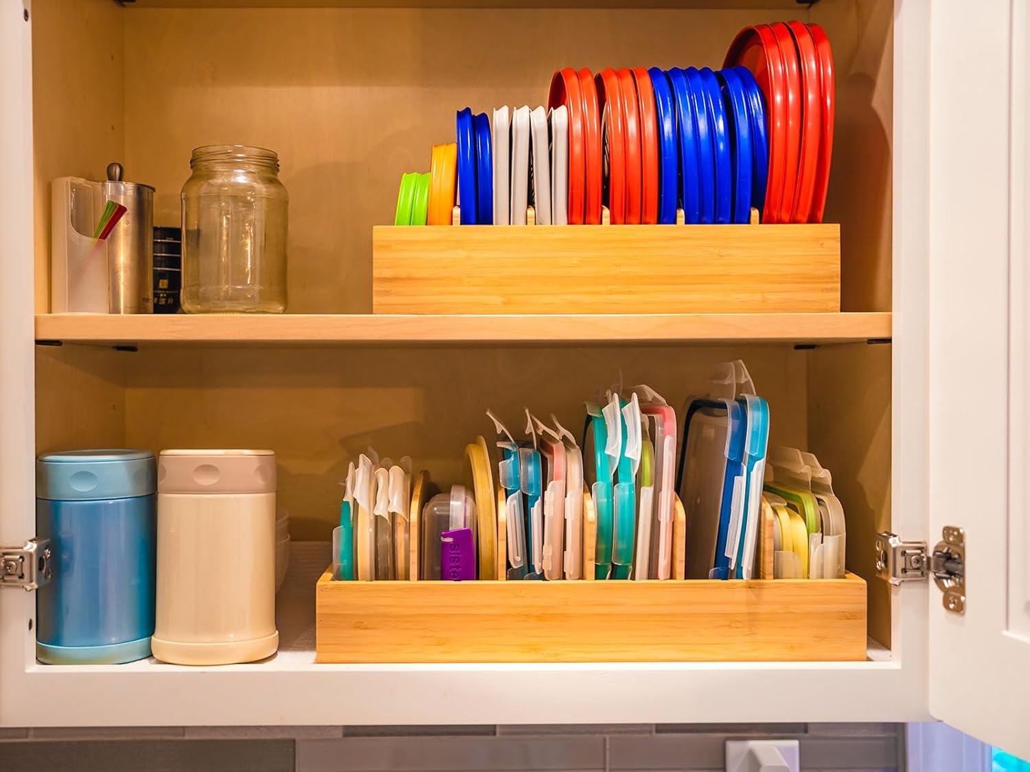 Expandable bamboo kitchen organizer inside cabinet