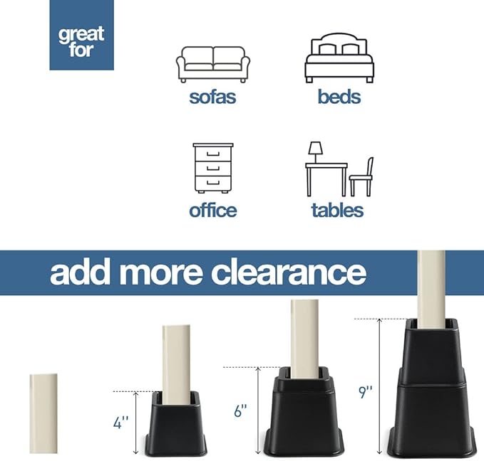 Adjustable furniture lift set with stackable design for different height options.