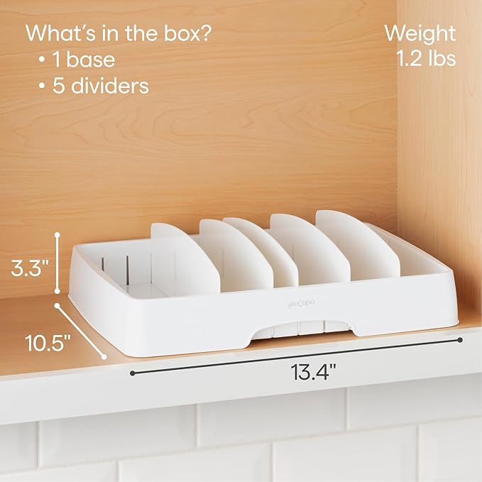 Adjustable lid organizer with 5 dividers for cabinets, drawers, and pantry shelves.