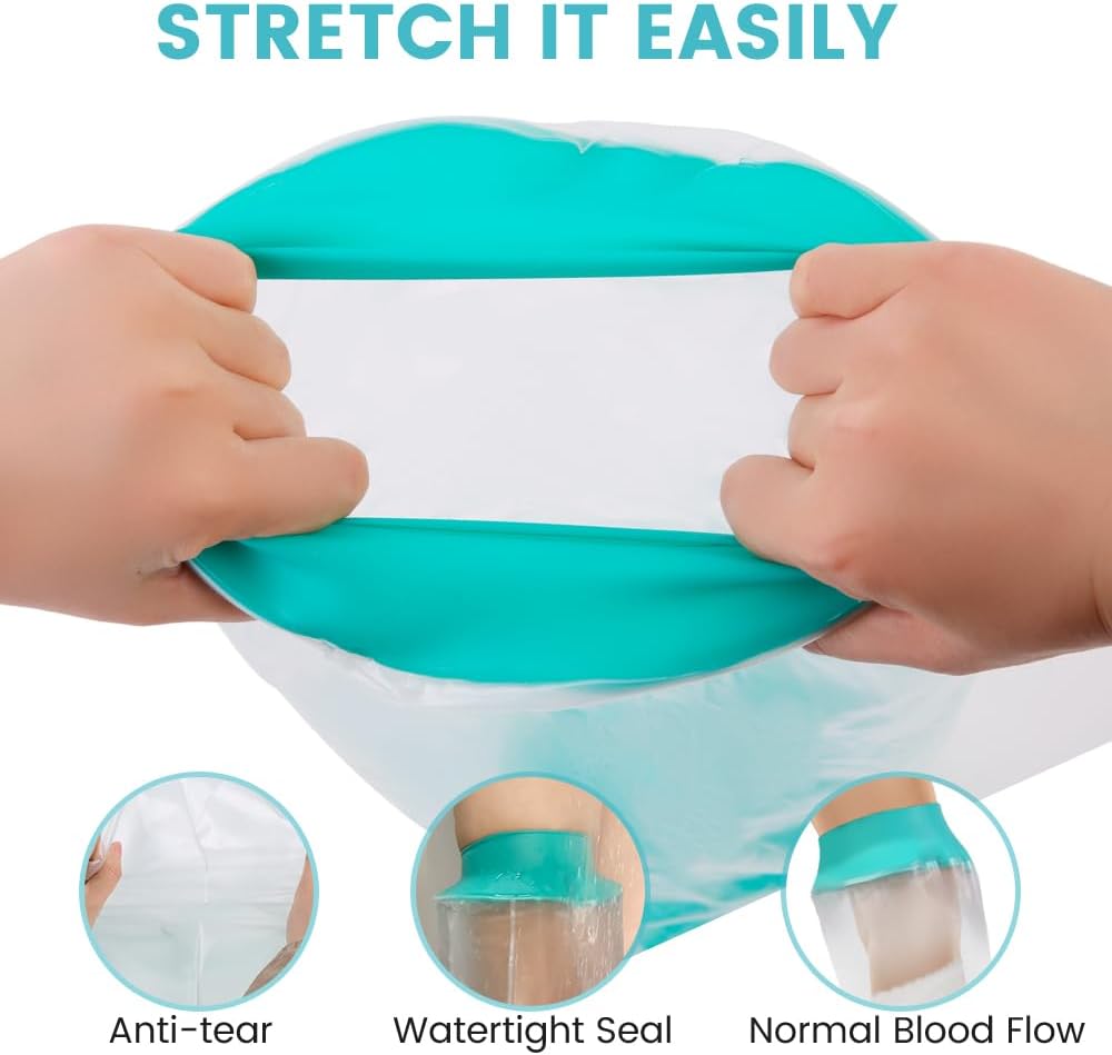 Adult leg cast shower cover designed to help keep foot, ankle, and knee casts covered during shower use