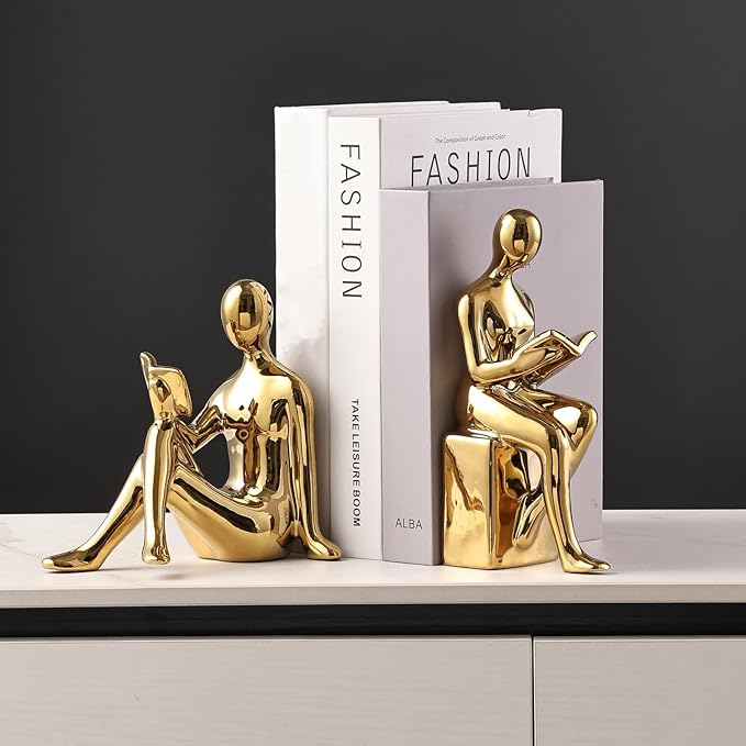 Side view of aesthetic gold ceramic book holders for shelves