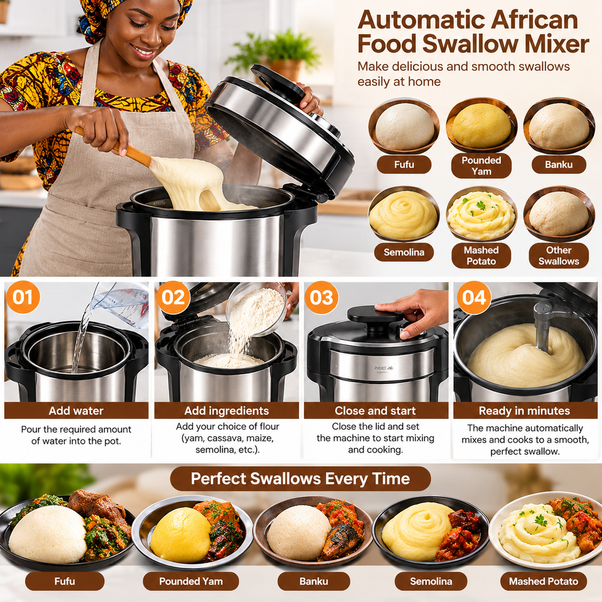 Countertop mixing machine designed for preparing traditional African swallow dishes.