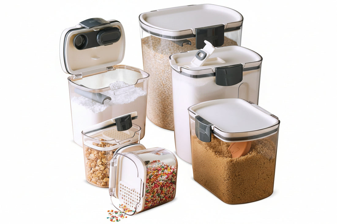 Airtight kitchen storage canister set for flour, sugar, grains, and dry pantry ingredients.