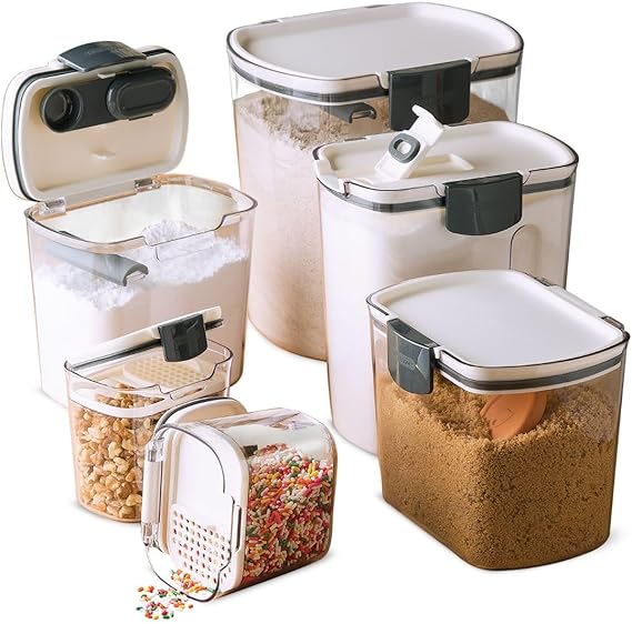 Airtight kitchen storage canister set for flour, sugar, grains, and dry pantry ingredients.