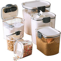 Airtight kitchen storage canister set for flour, sugar, grains, and dry pantry ingredients.