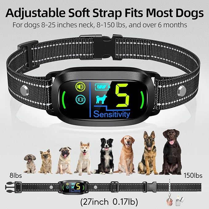Adjustable dog training collar to fit neck sizes from 7 to 22 inches.